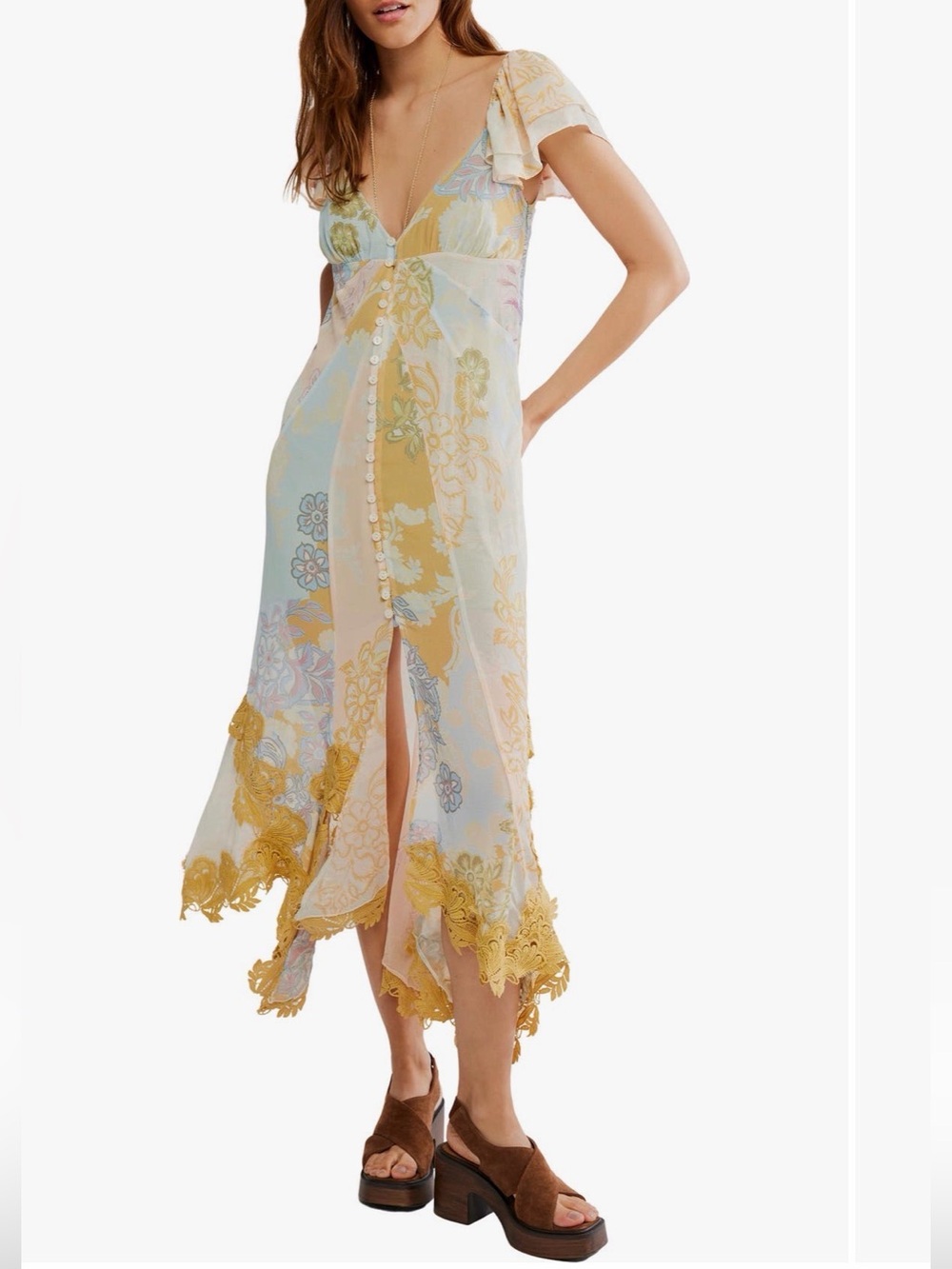 Free People Pastel Floral High-Low Midi Skirt with Yellow Lace Trim